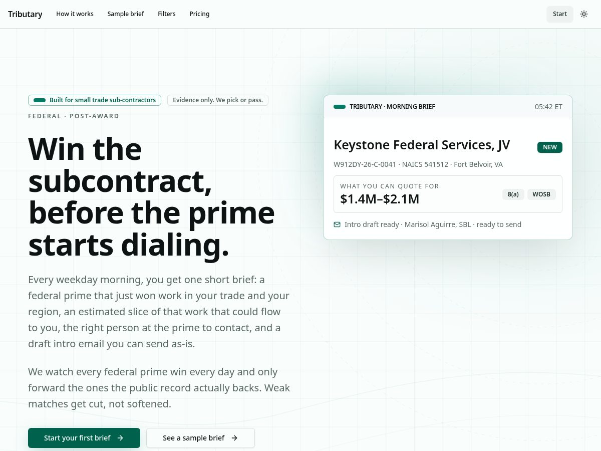 Landing-page snapshot of tributarybrief.com