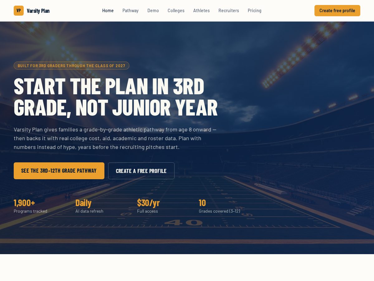Landing-page snapshot of varsityplan.com