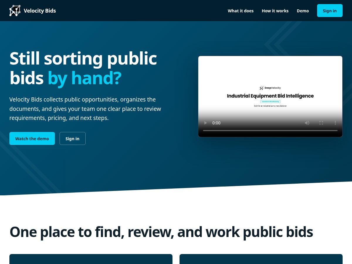 Landing-page snapshot of velocitybidsai.com