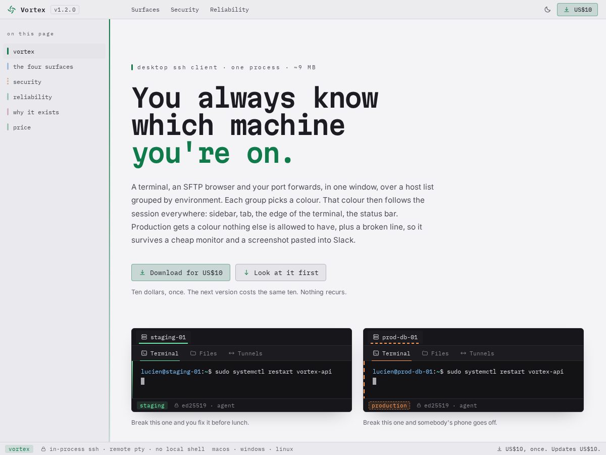 Landing-page snapshot of vortexssh.com