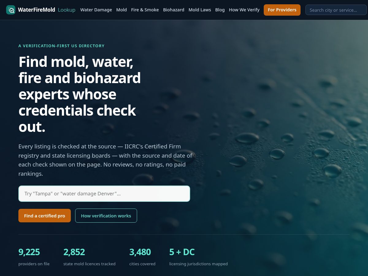 Landing-page snapshot of waterfiremoldlookup.com