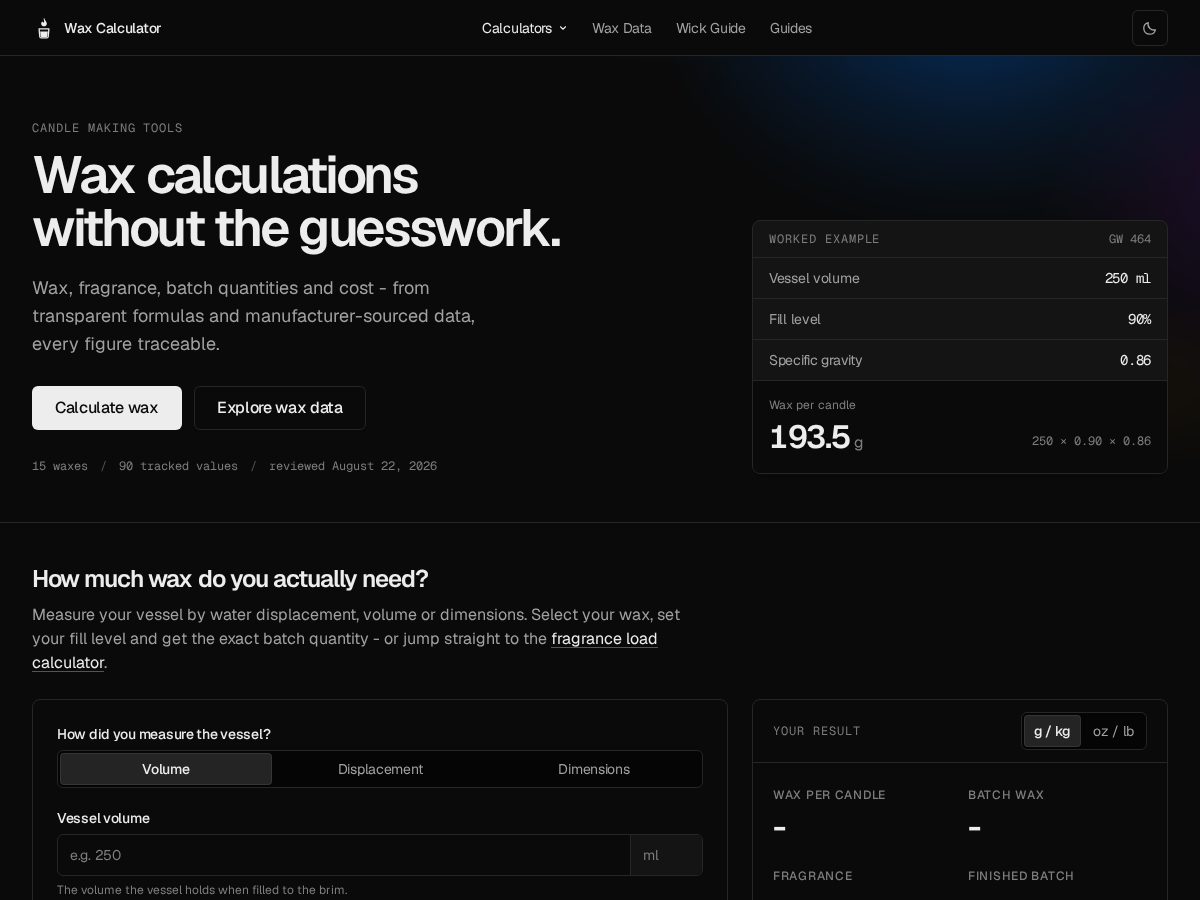 Landing-page snapshot of waxcalculator.com