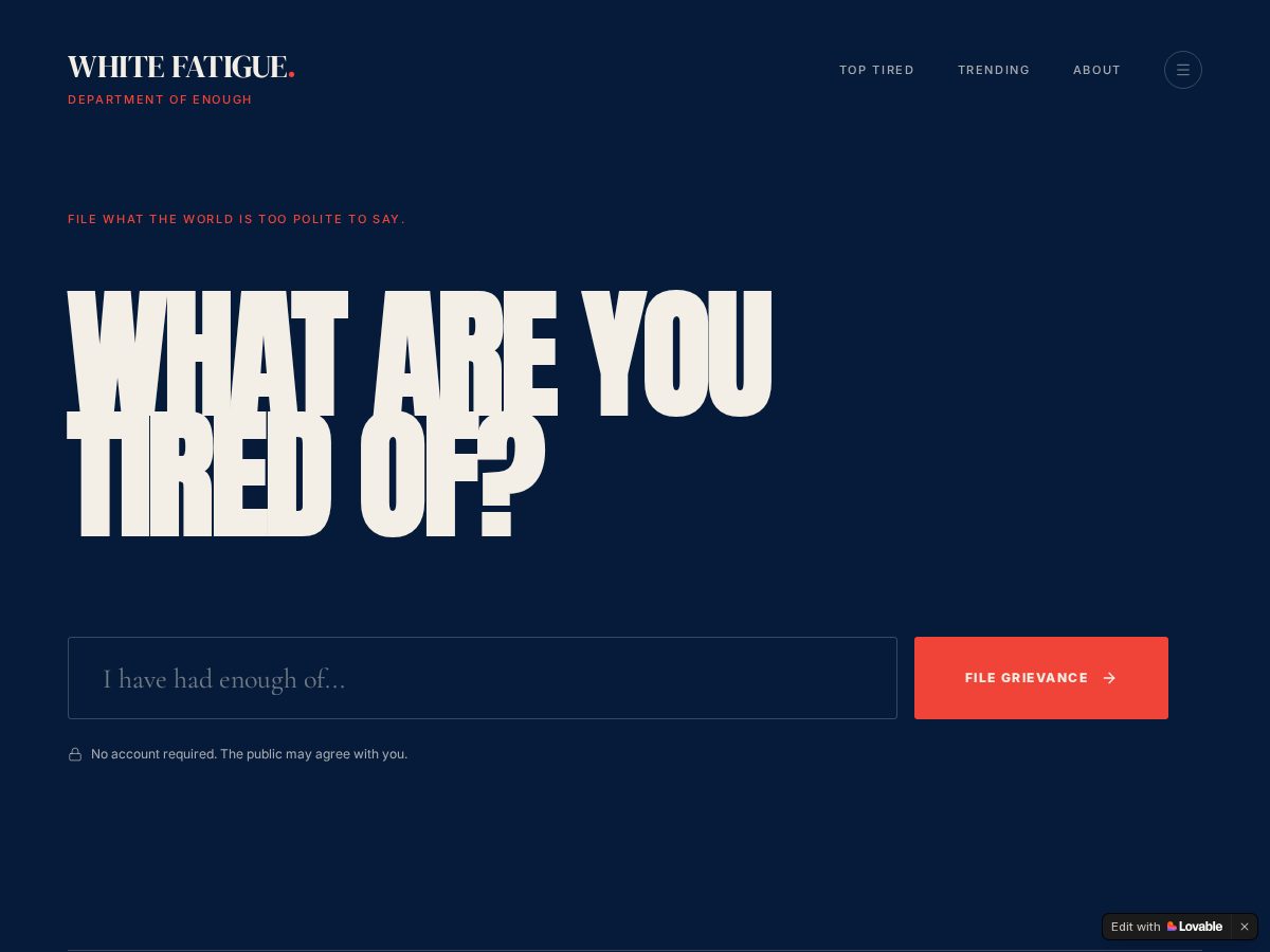 Landing-page snapshot of whitefatigue.com
