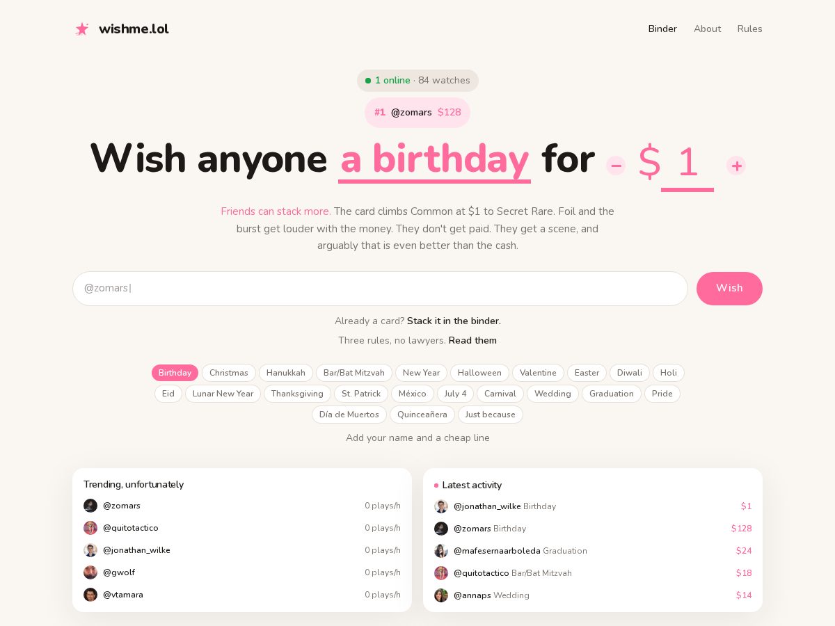 Landing-page snapshot of wishme.lol