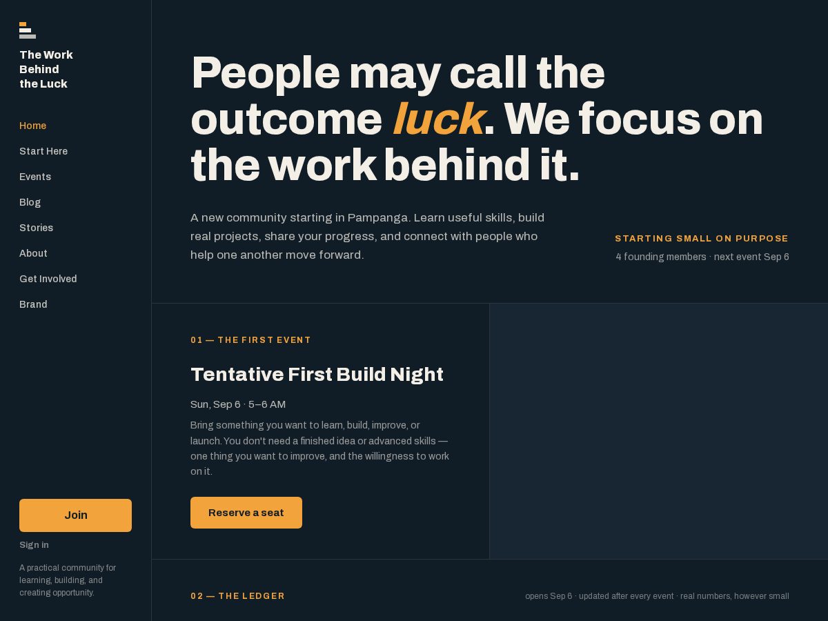 Landing-page snapshot of workbehindtheluck.com