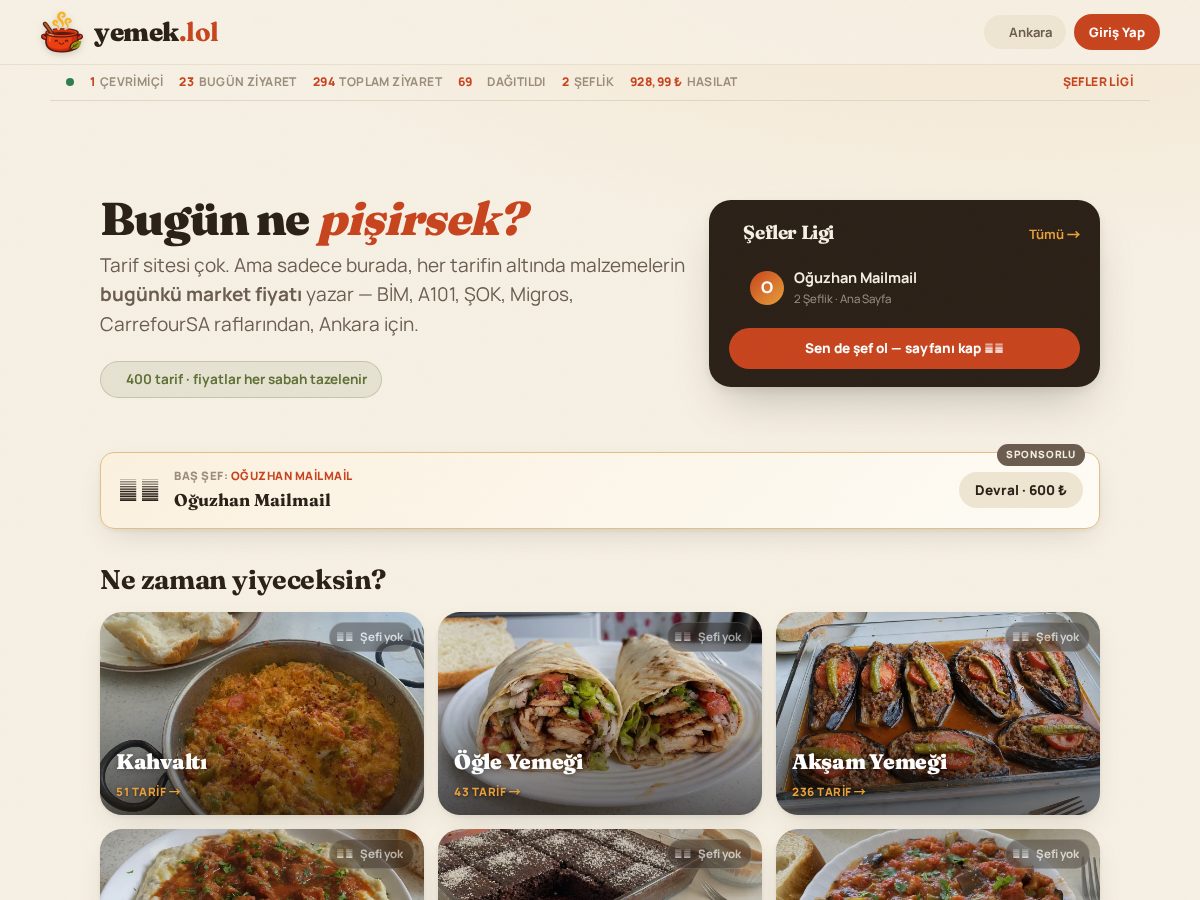 Landing-page snapshot of yemek.lol