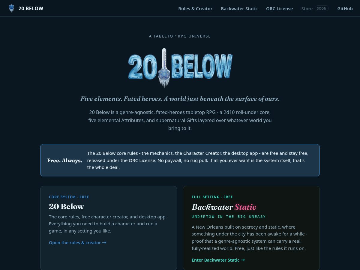 Landing-page snapshot of 20belowrpg.com