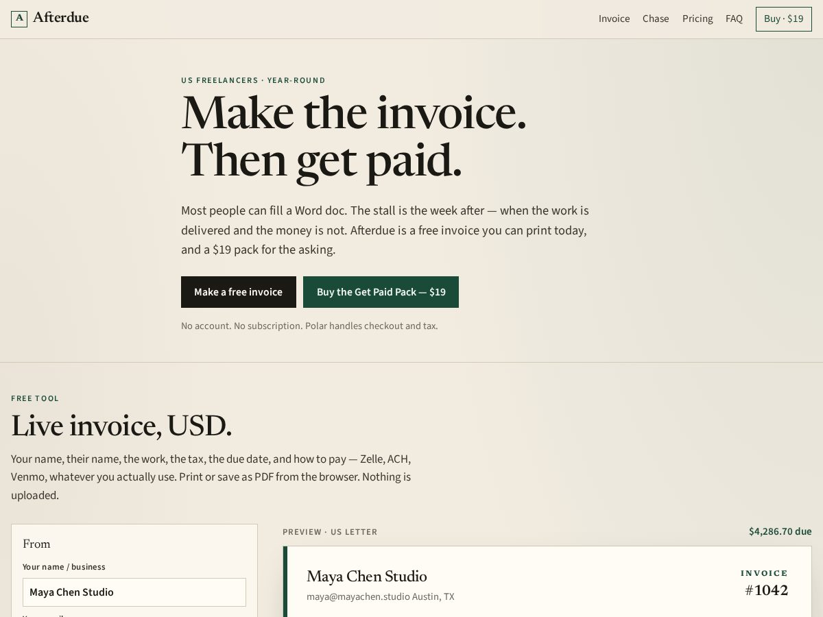 Landing-page snapshot of afterdue.com