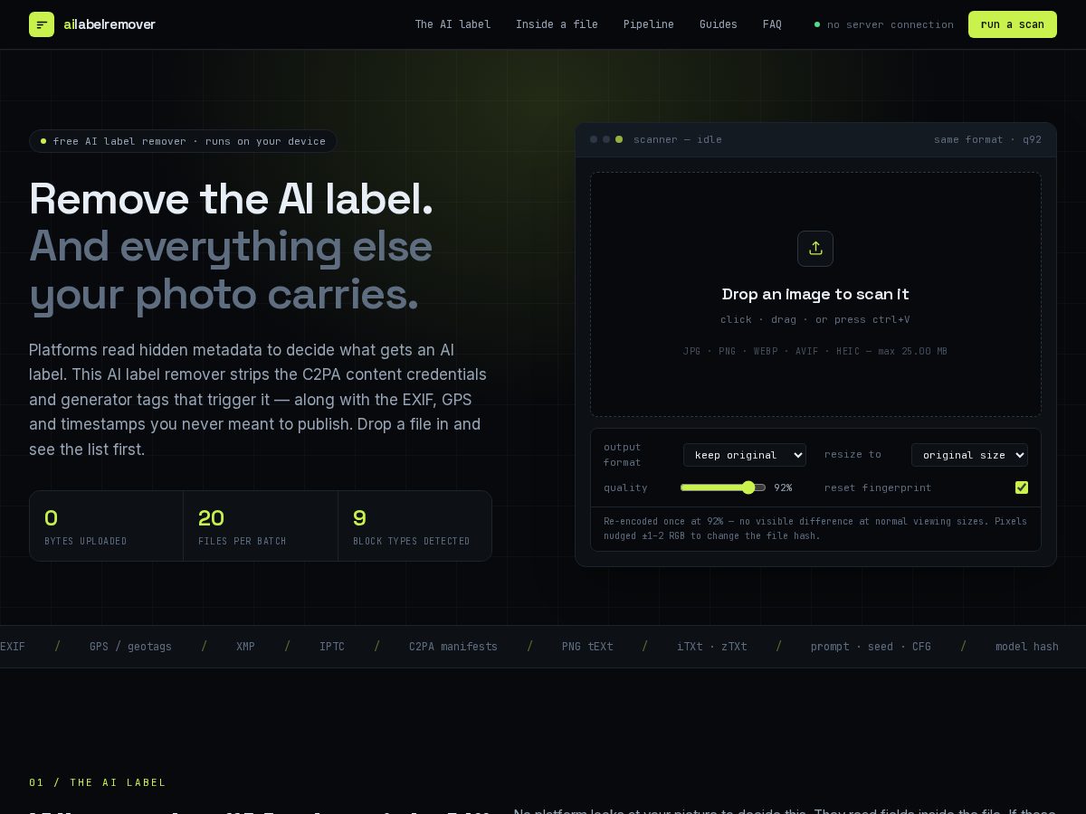 Landing-page snapshot of ailabelremover.online