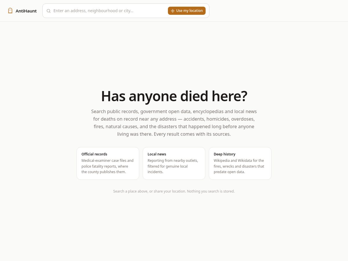 Landing-page snapshot of antihaunt.com