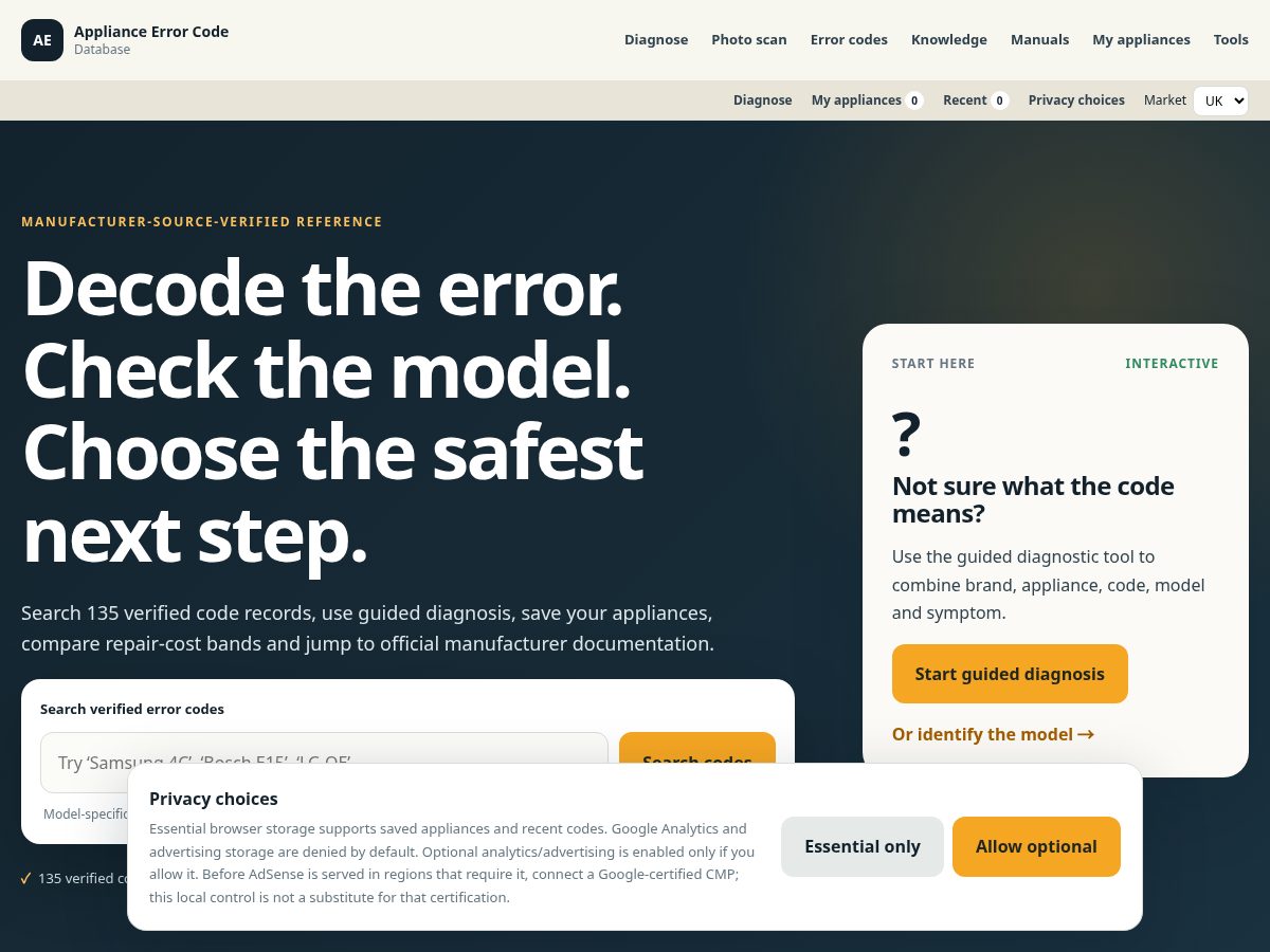 Landing-page snapshot of appliancefaultfinder.com