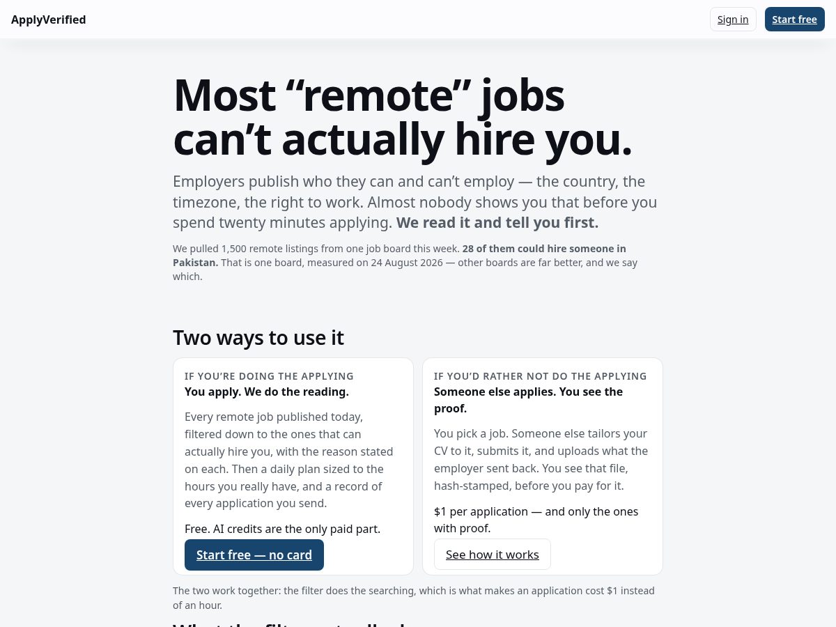 Landing-page snapshot of applyverified.com