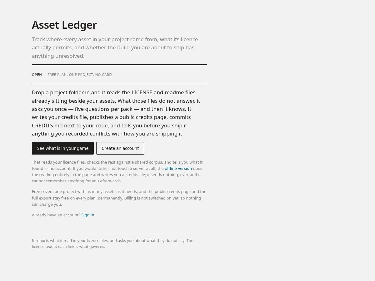 Landing-page snapshot of assetledger.online
