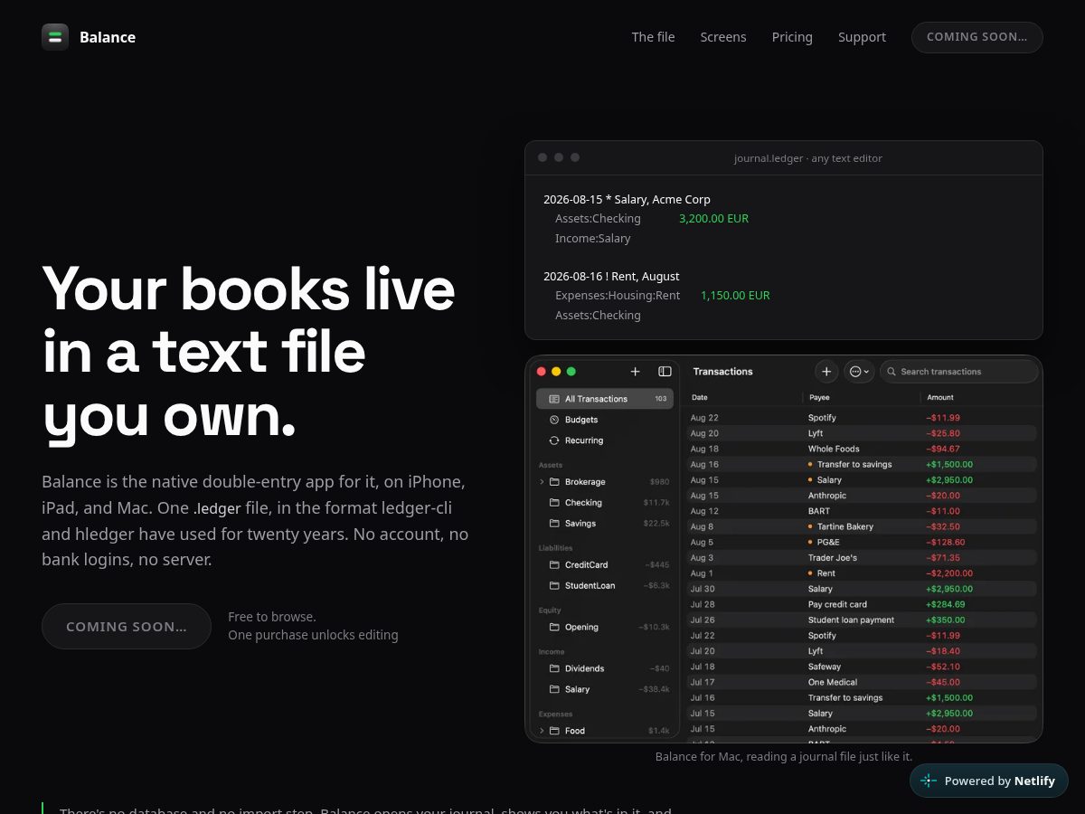 Landing-page snapshot of balanceledger.app