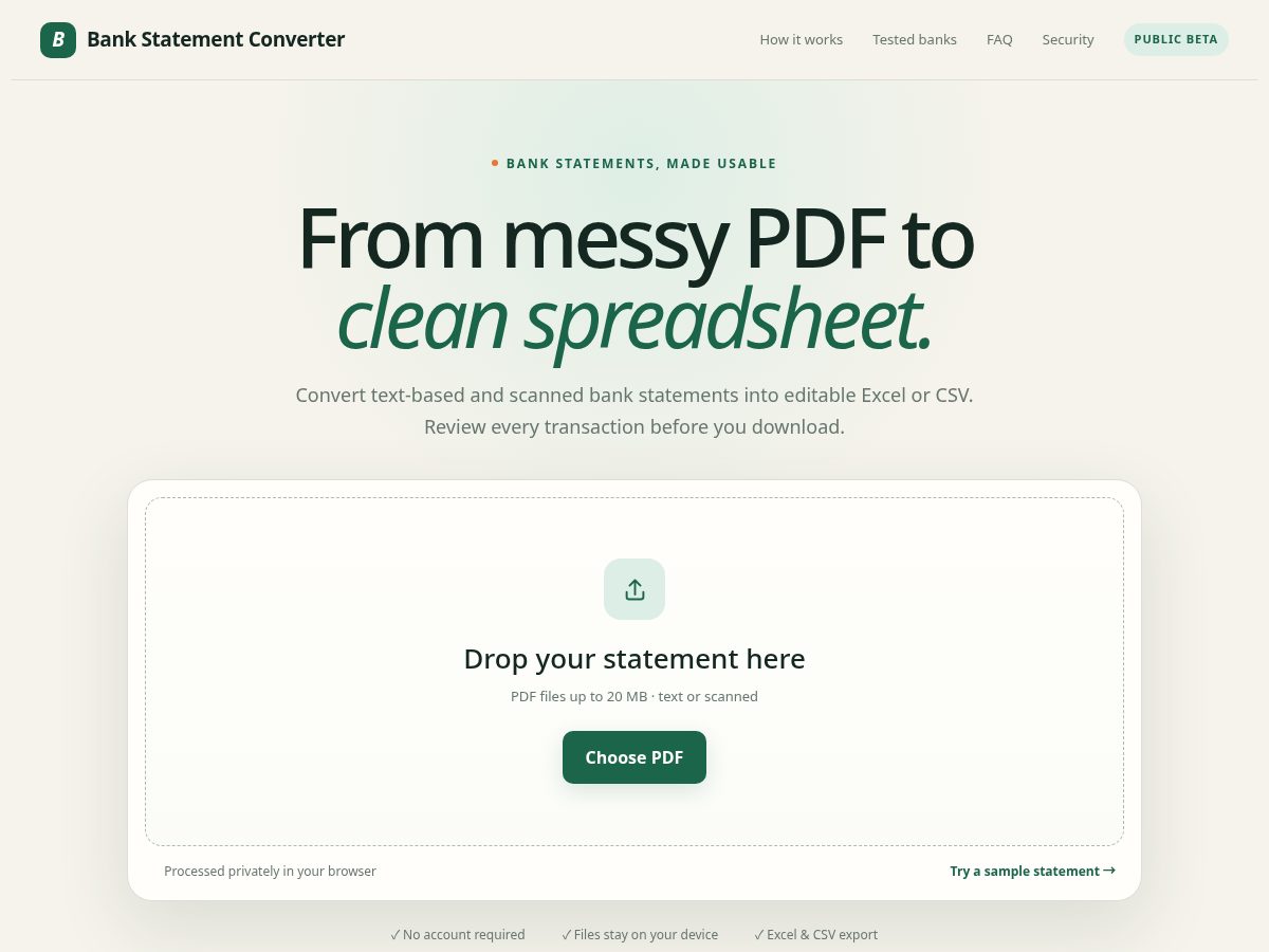 Landing-page snapshot of bankstatementconverter.biz