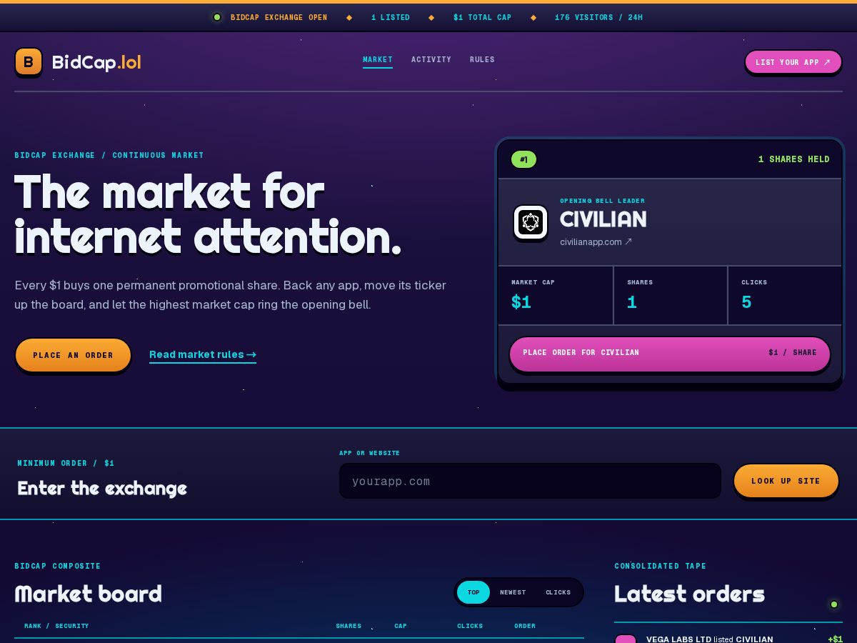 Landing-page snapshot of bidcap.lol