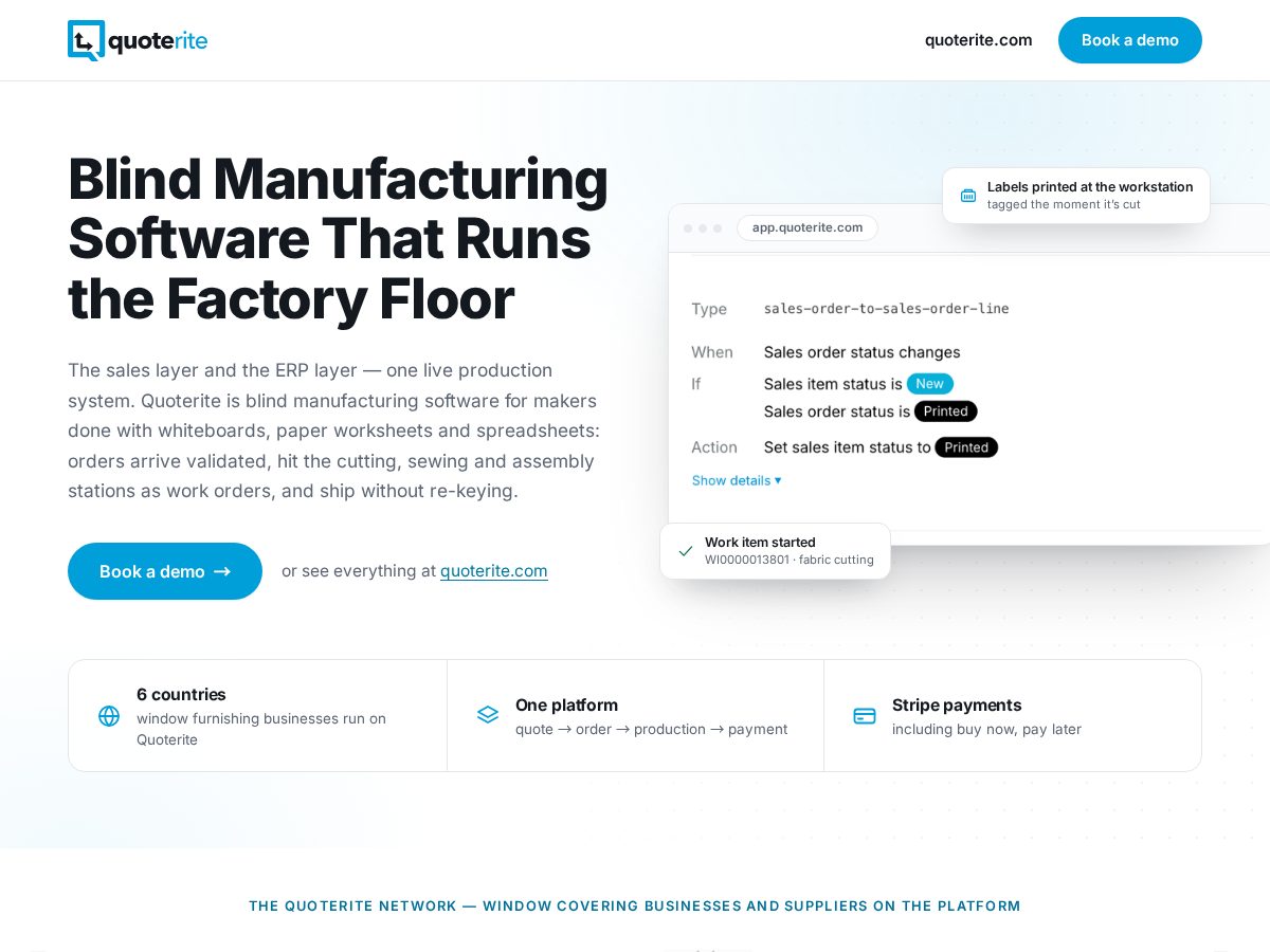Landing-page snapshot of blindmanufacturingsoftware.com