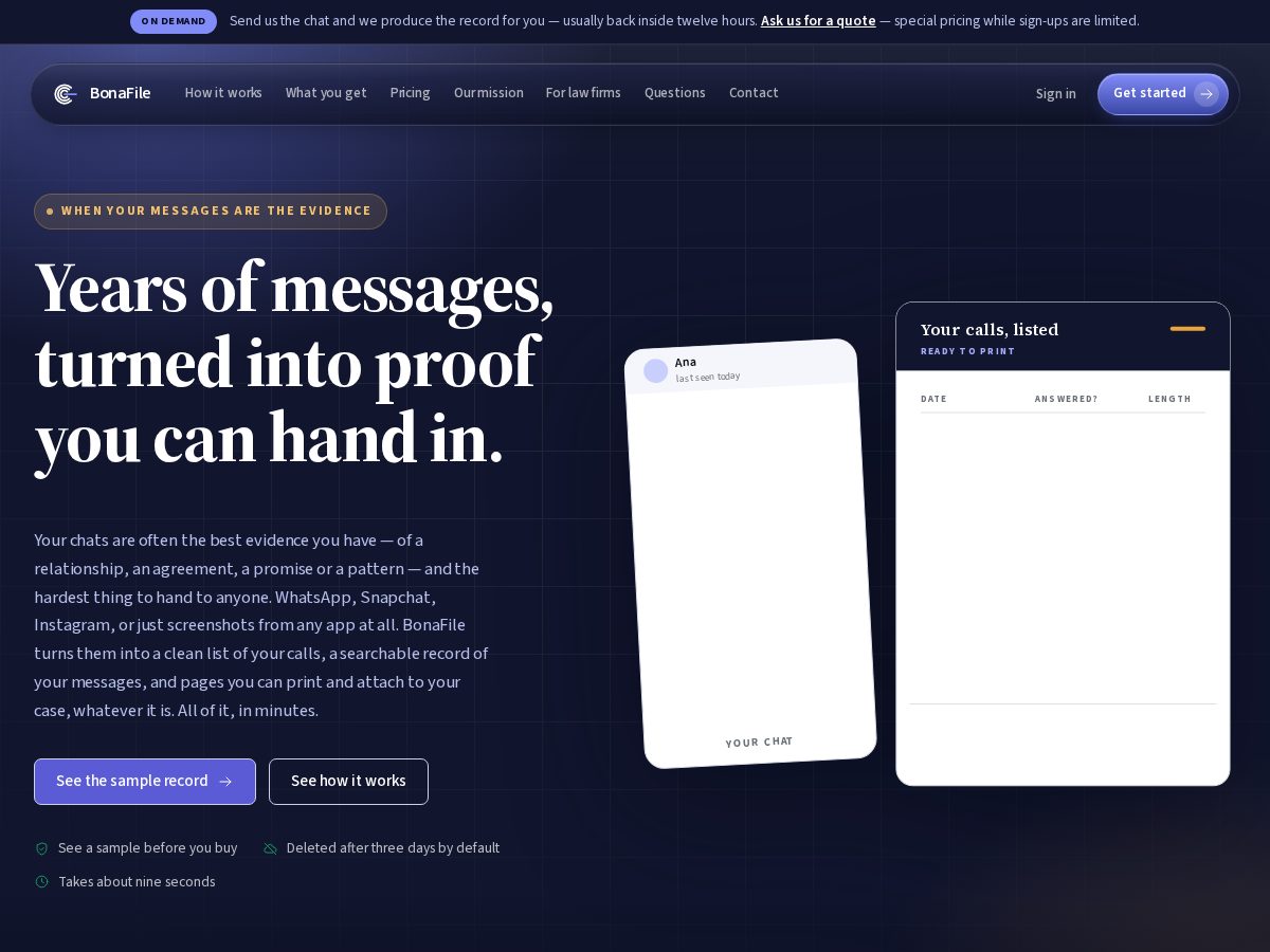 Landing-page snapshot of bonafiles.com