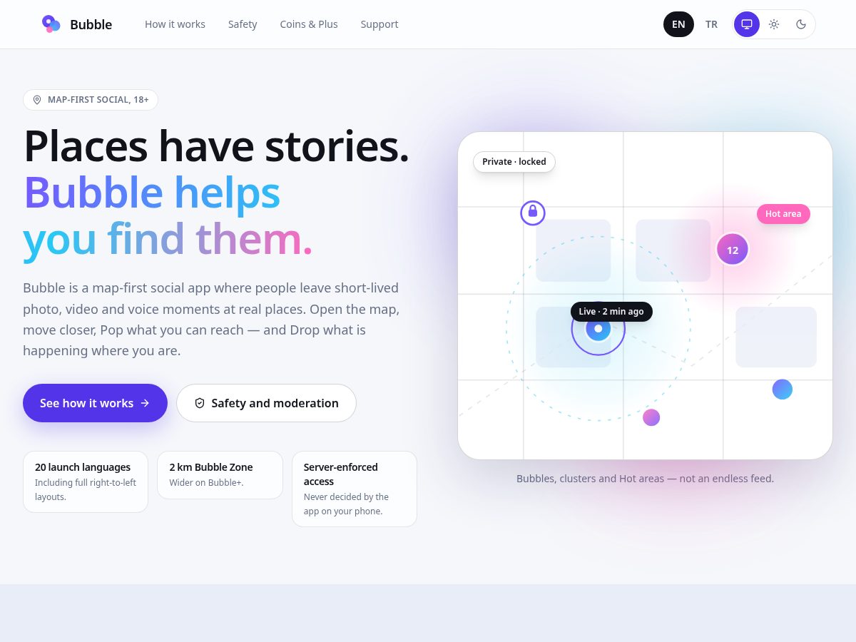 Landing-page snapshot of bubblehere.com