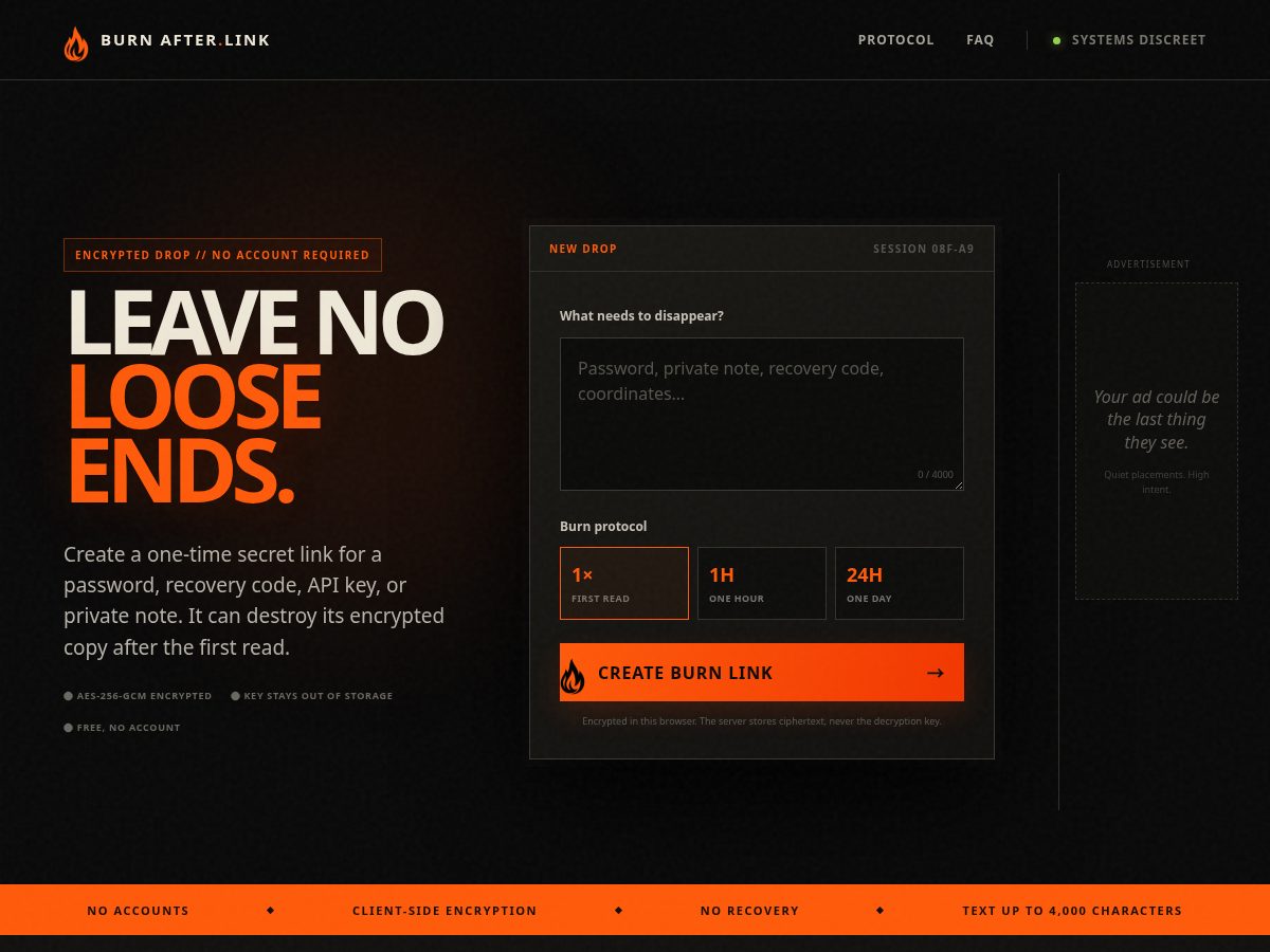 Landing-page snapshot of burnafter.link