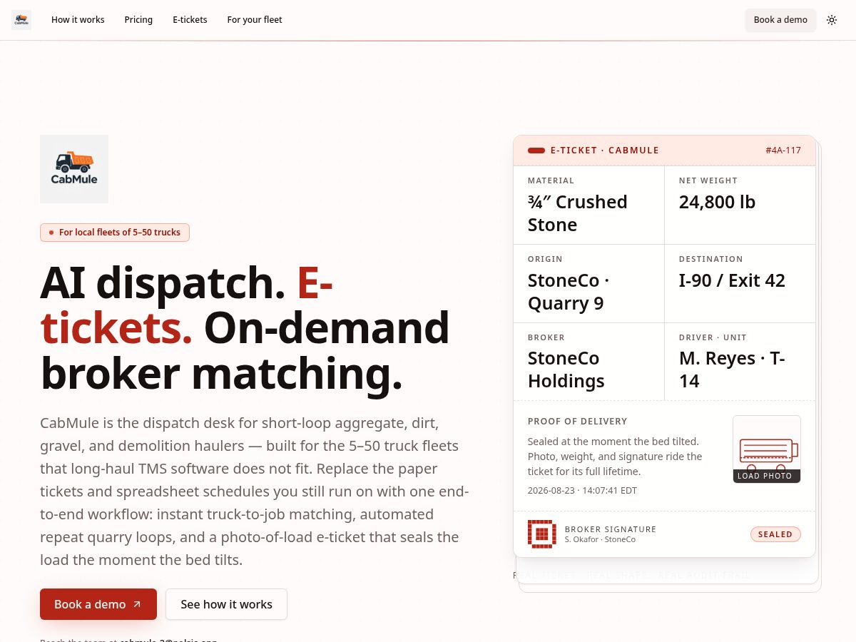 Landing-page snapshot of cabmule.com