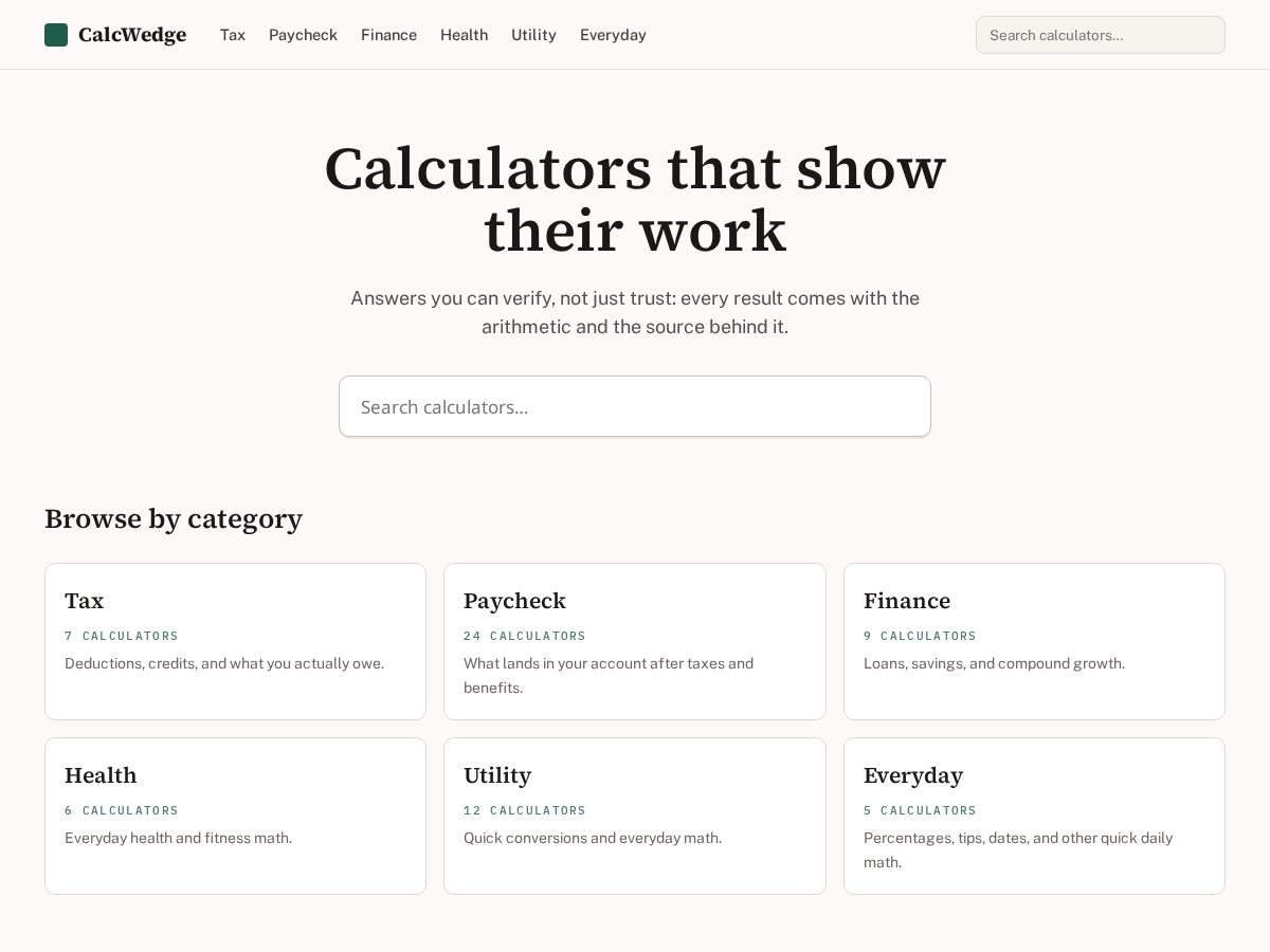 Landing-page snapshot of calcwedge.com