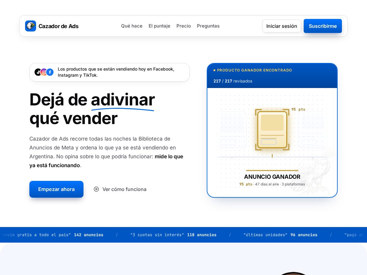 Landing-page snapshot of cazadordeads.com