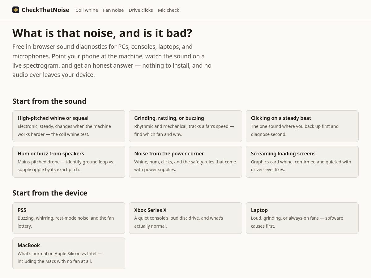 Landing-page snapshot of checkthatnoise.com