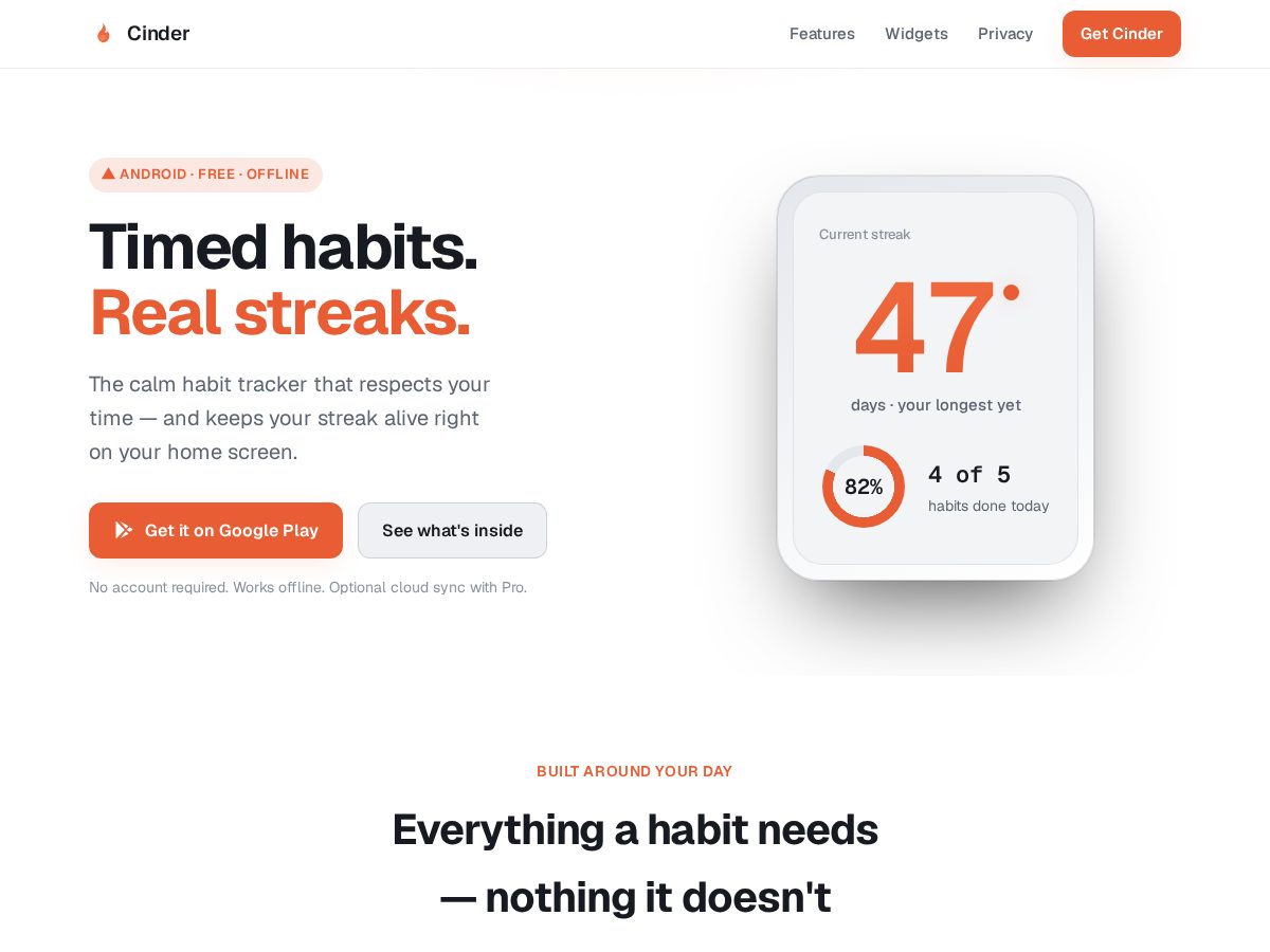 Landing-page snapshot of cinderhabits.app