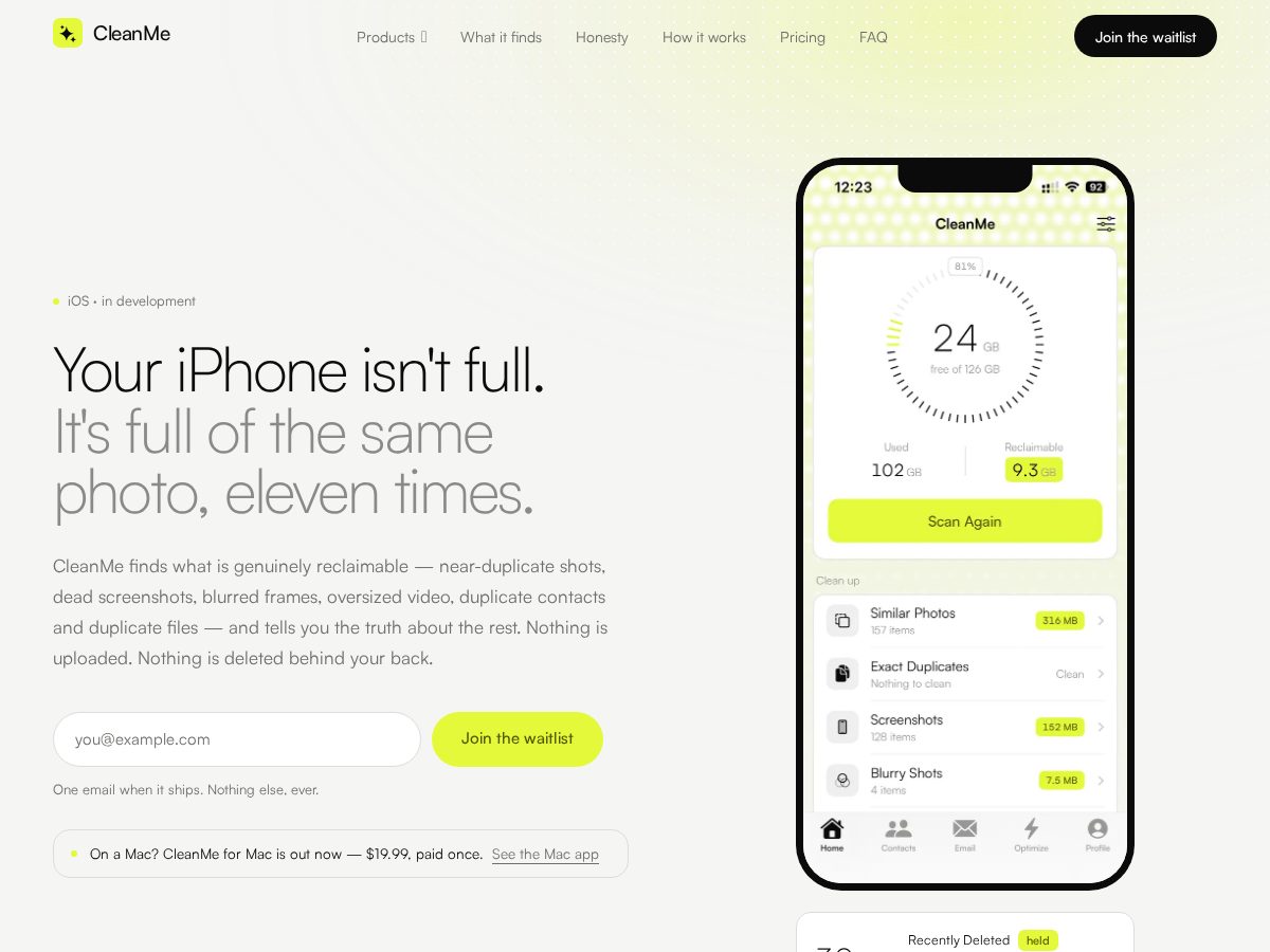 Landing-page snapshot of cleanme.lol