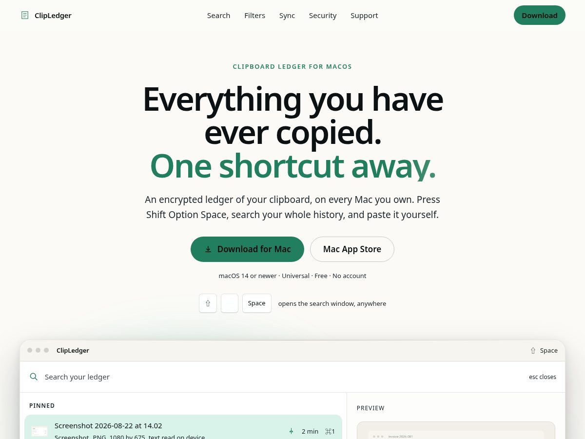 Landing-page snapshot of clipledger.app