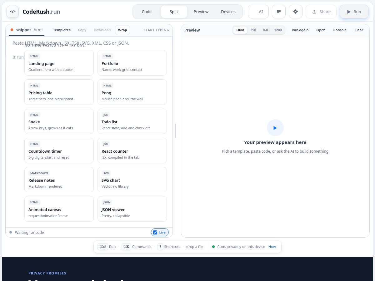 Landing-page snapshot of coderush.run