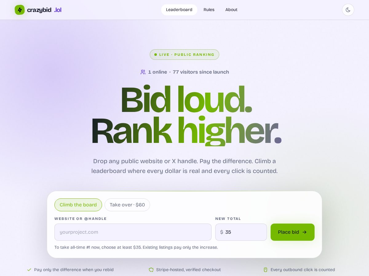 Landing-page snapshot of crazybid.lol