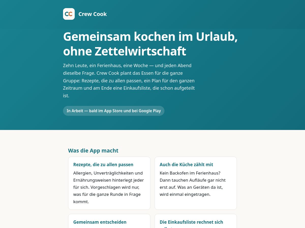 Landing-page snapshot of crewcook.com