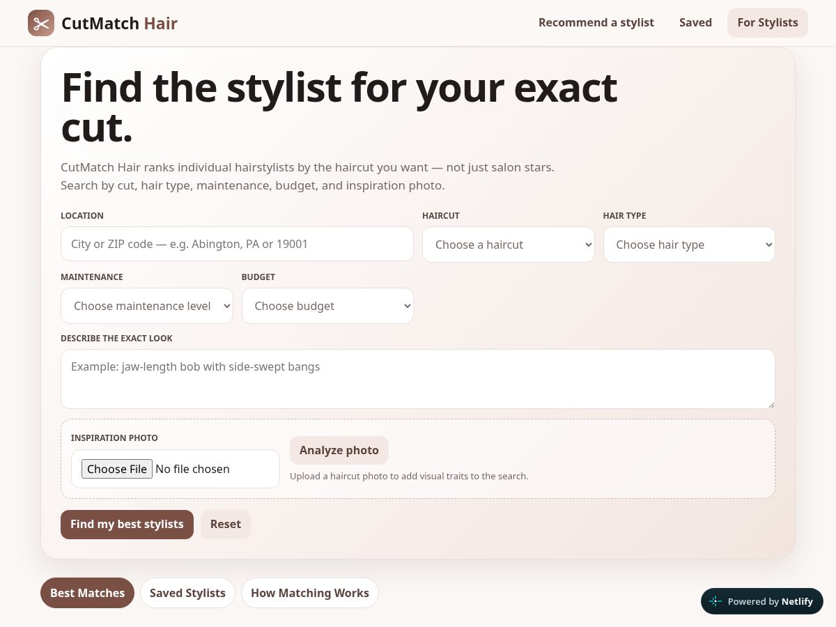 Landing-page snapshot of cutmatchhair.com