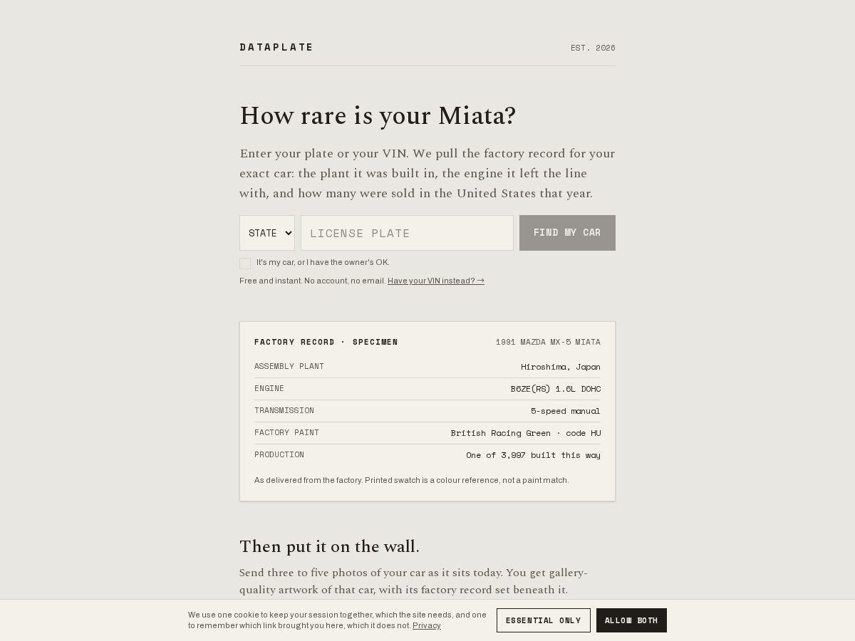 Landing-page snapshot of dataplate.art