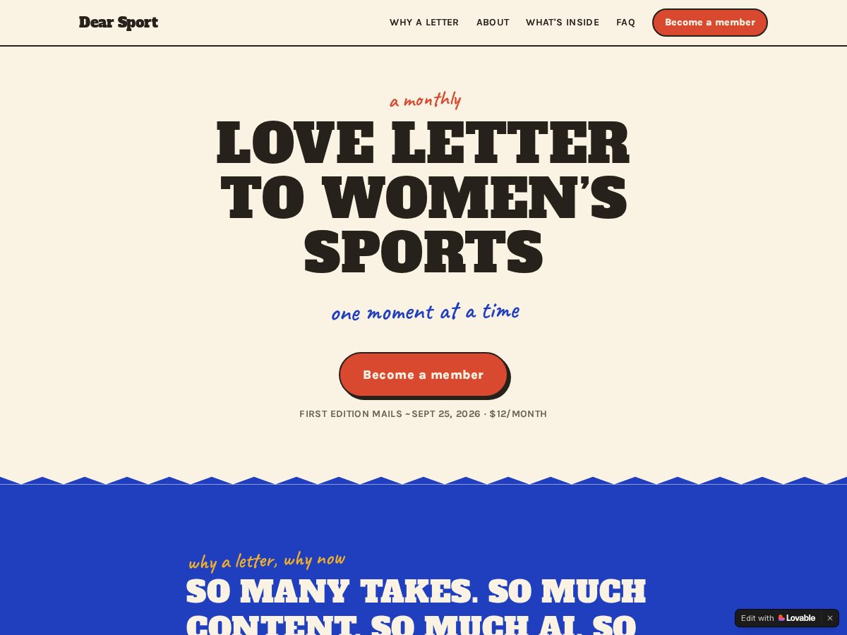 Landing-page snapshot of dearsportletters.com