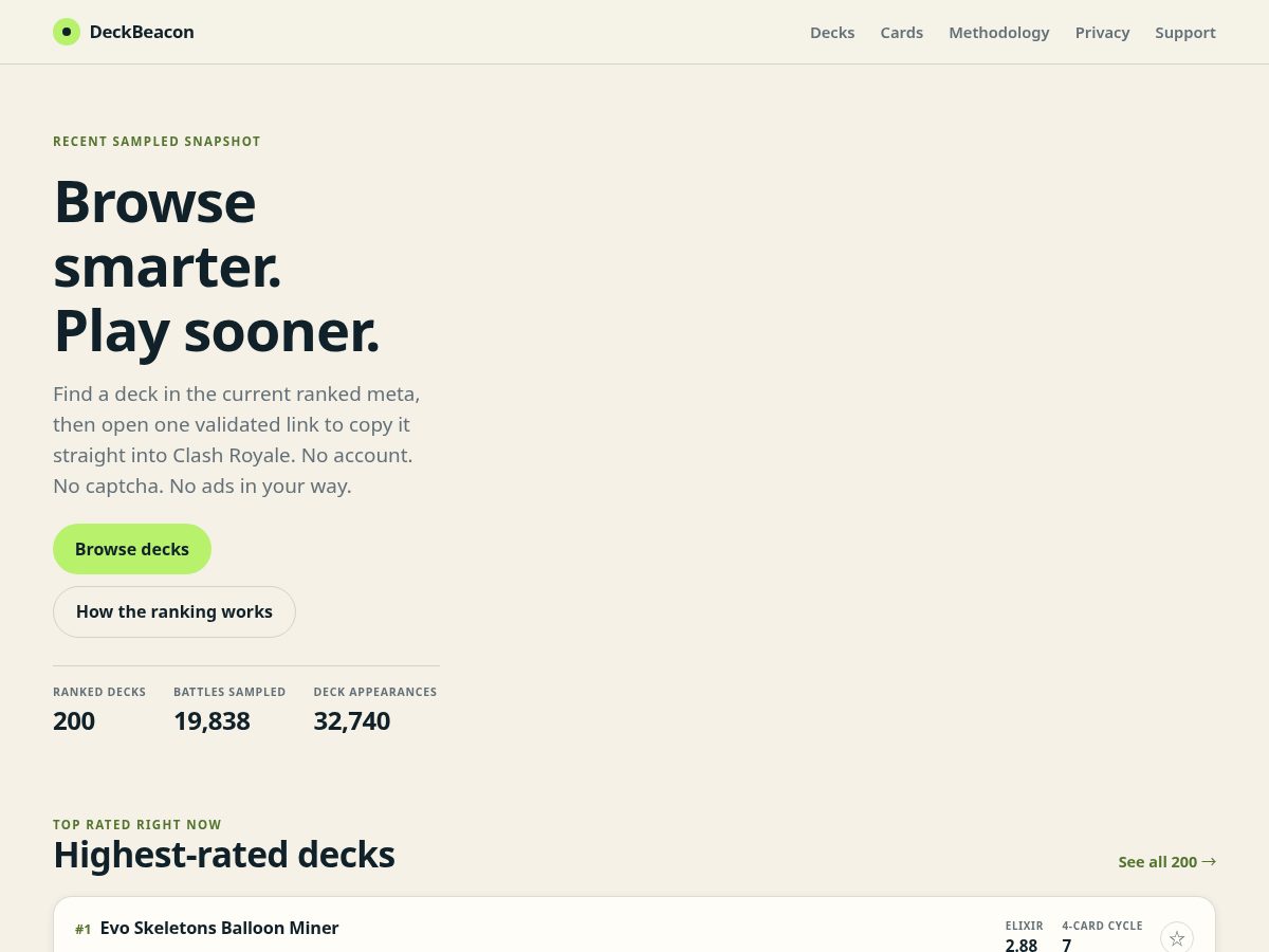 Landing-page snapshot of deckbeacon.app