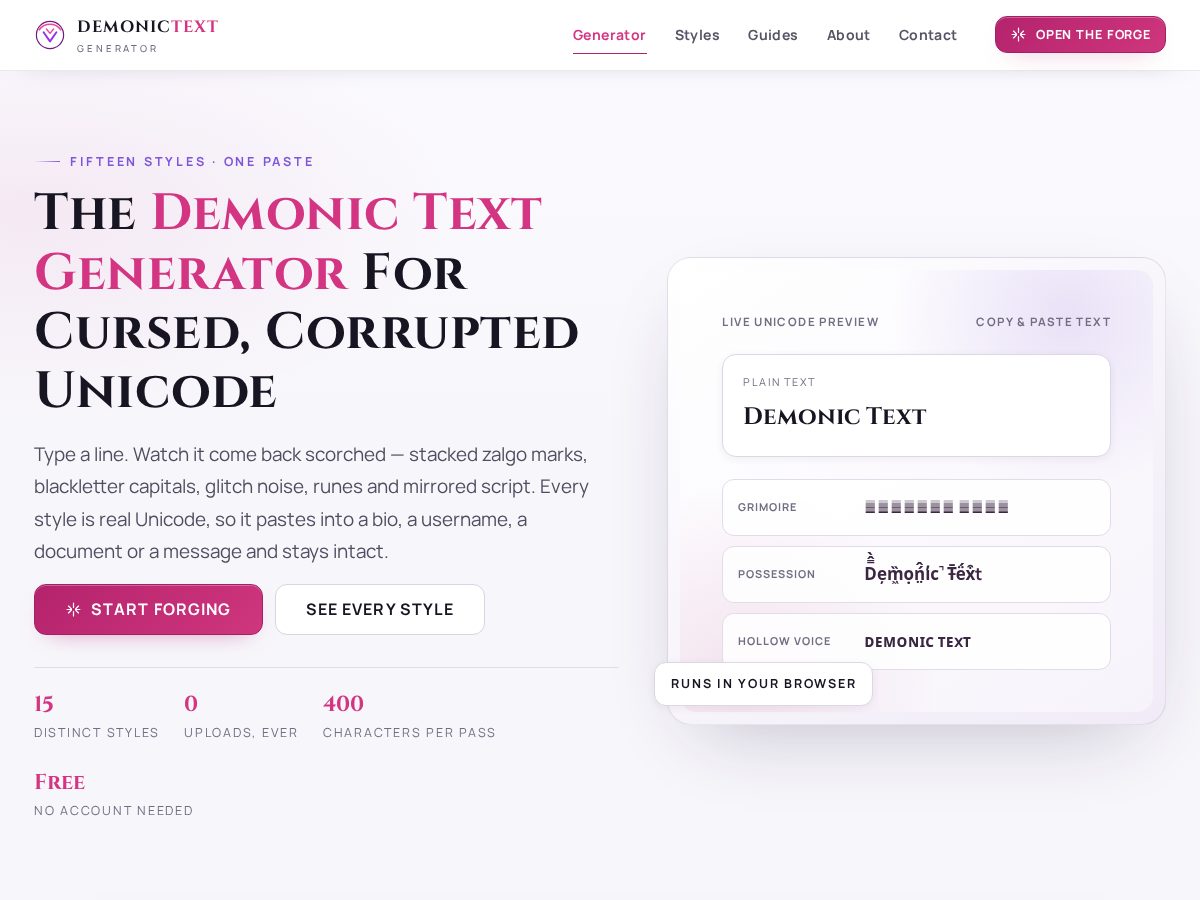 Landing-page snapshot of demonictextgenerator.com