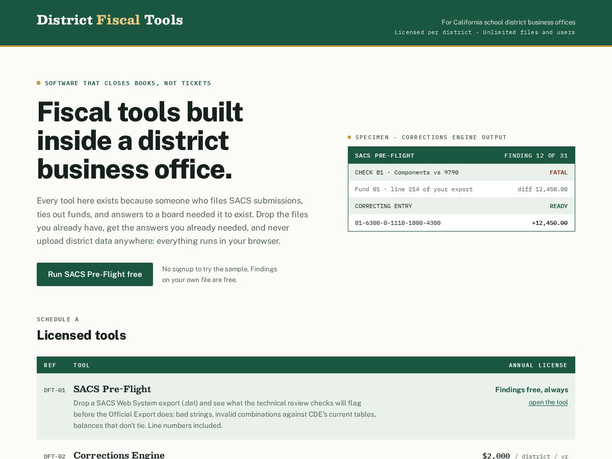 Landing-page snapshot of districtfiscaltools.com