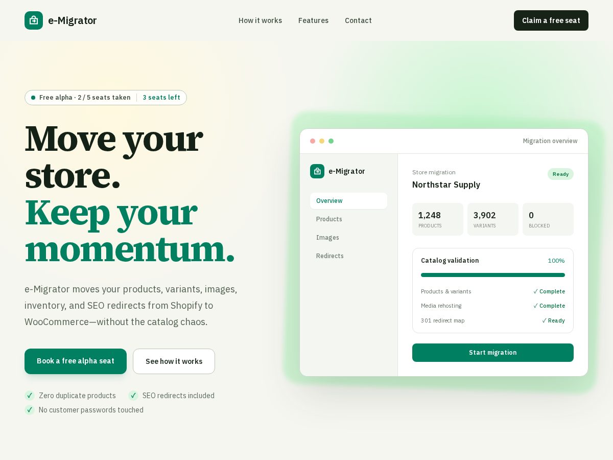 Landing-page snapshot of e-migrator.com