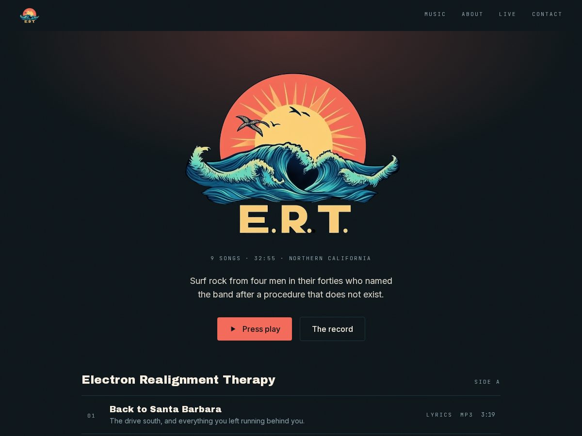 Landing-page snapshot of ertband.com