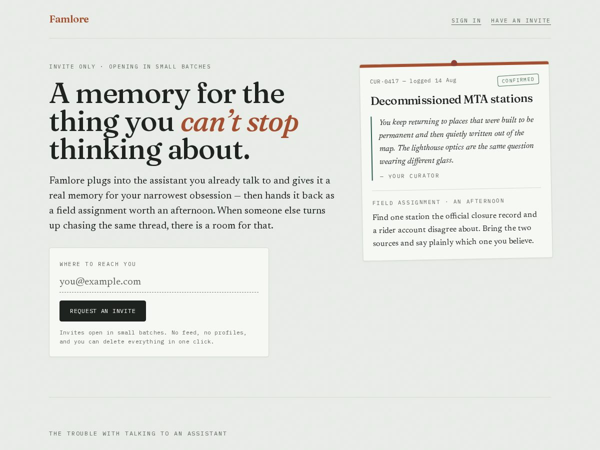 Landing-page snapshot of famlore.app