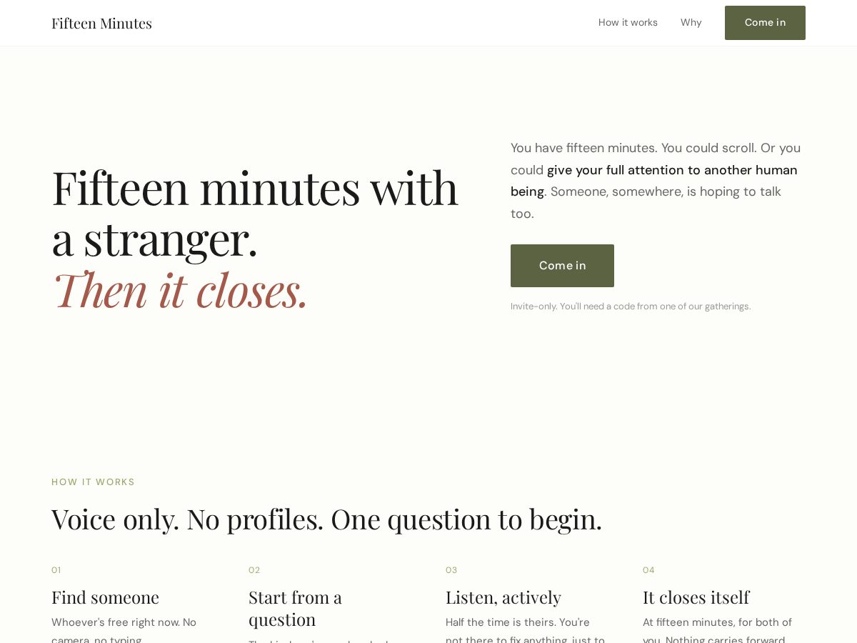Landing-page snapshot of fifteenminutes.app