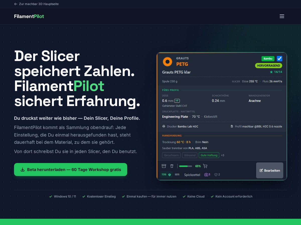 Landing-page snapshot of filamentpilot.com