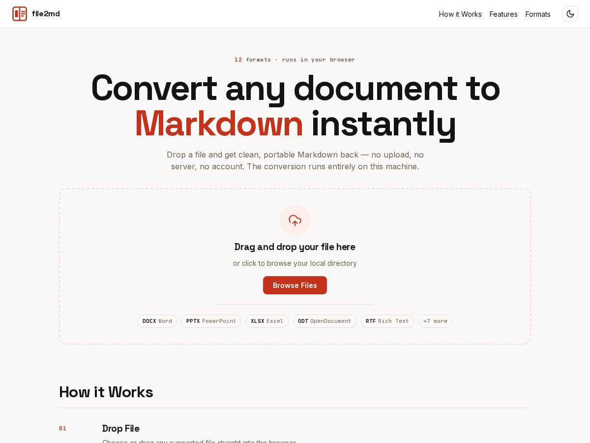 Landing-page snapshot of file2md.app