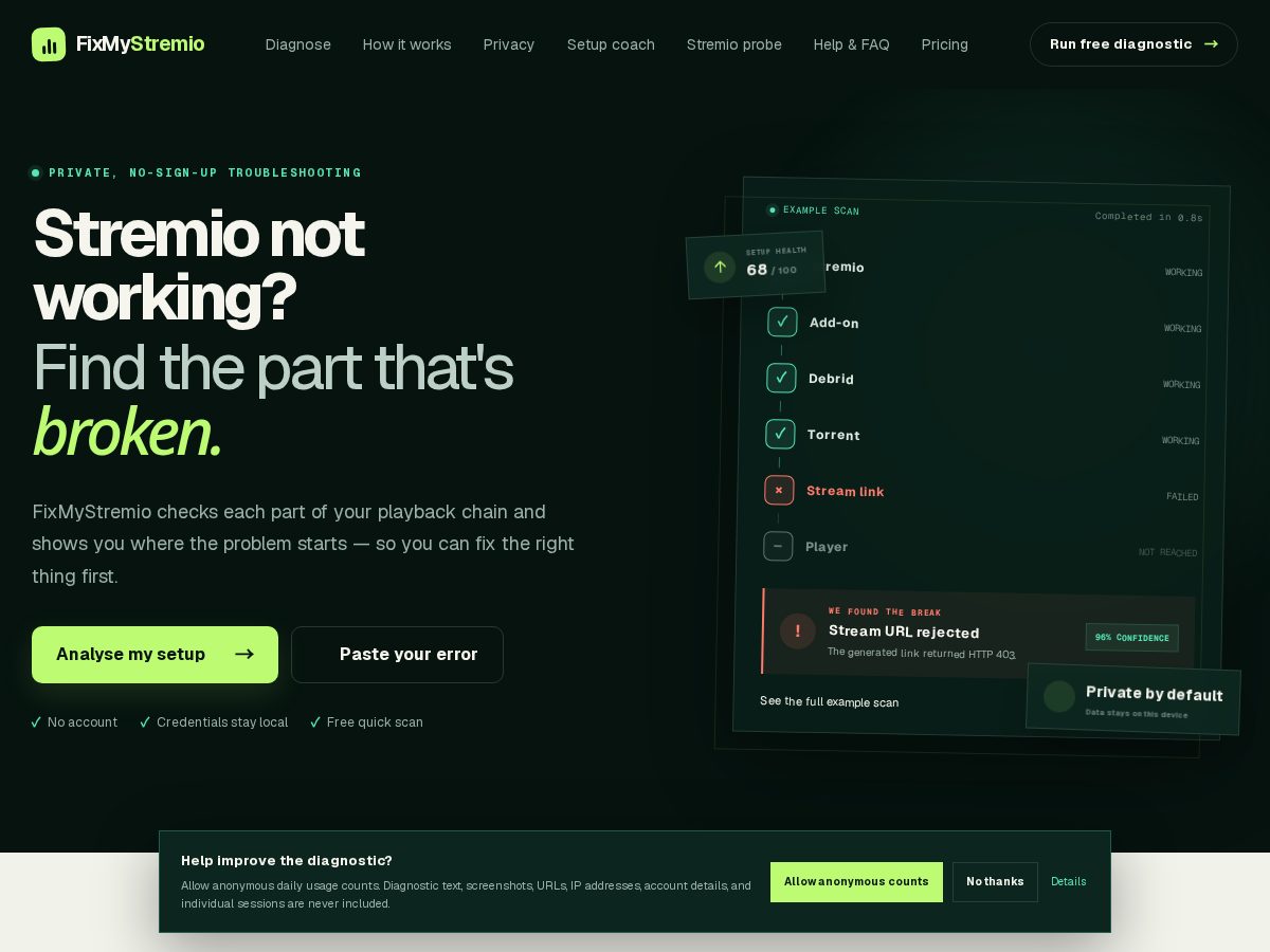 Landing-page snapshot of fixmystremio.com