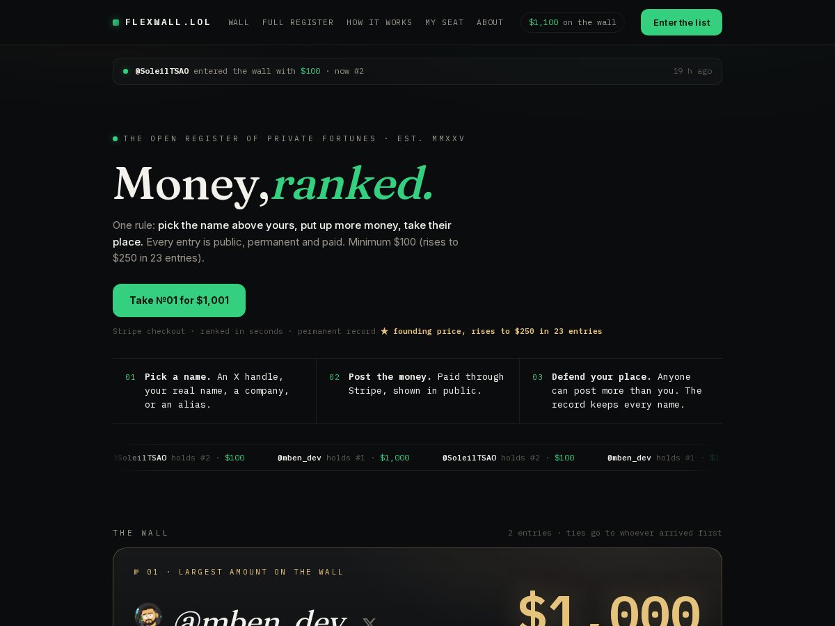 Landing-page snapshot of flexwall.lol