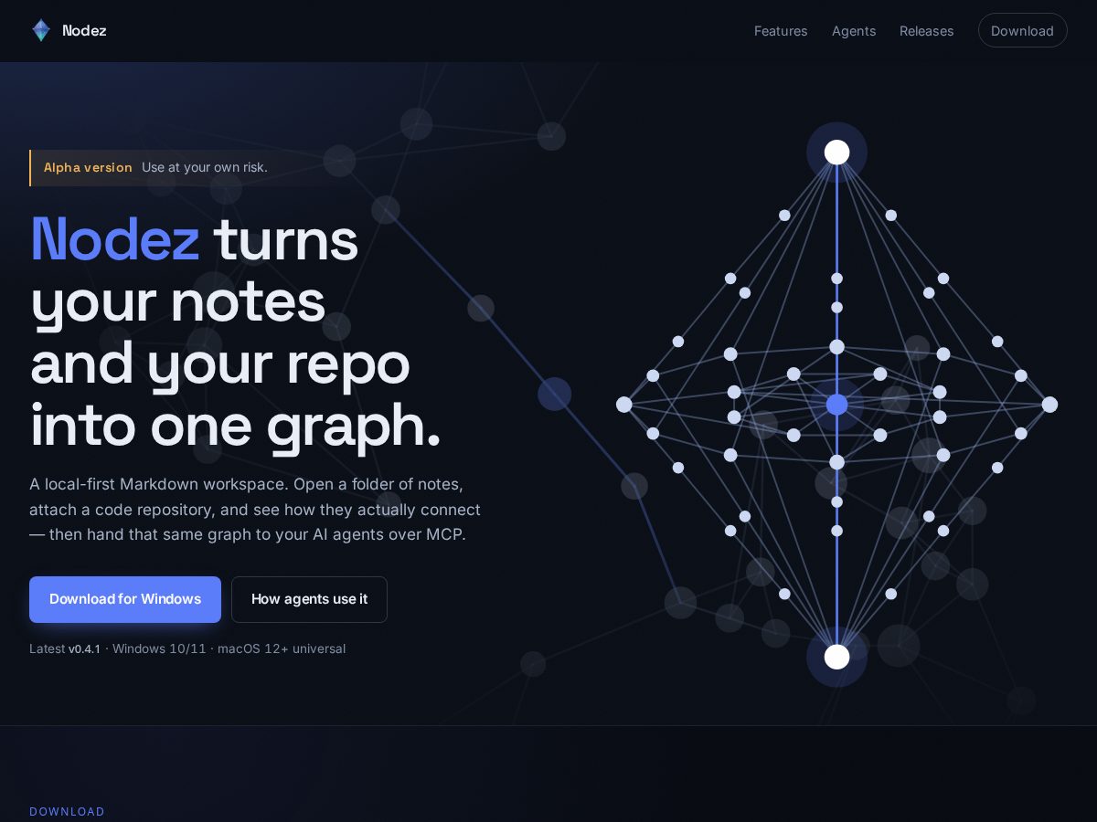 Landing-page snapshot of getnodez.app