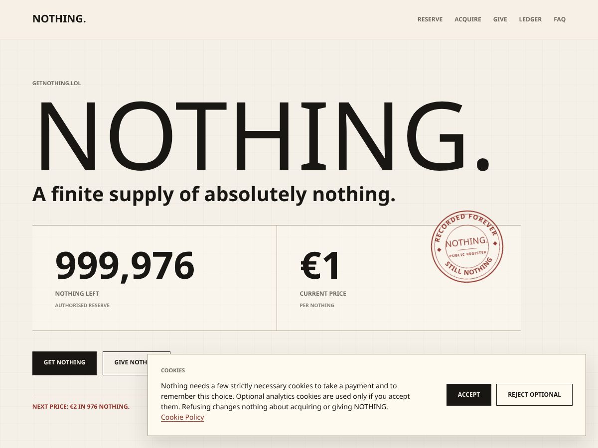 Landing-page snapshot of getnothing.lol